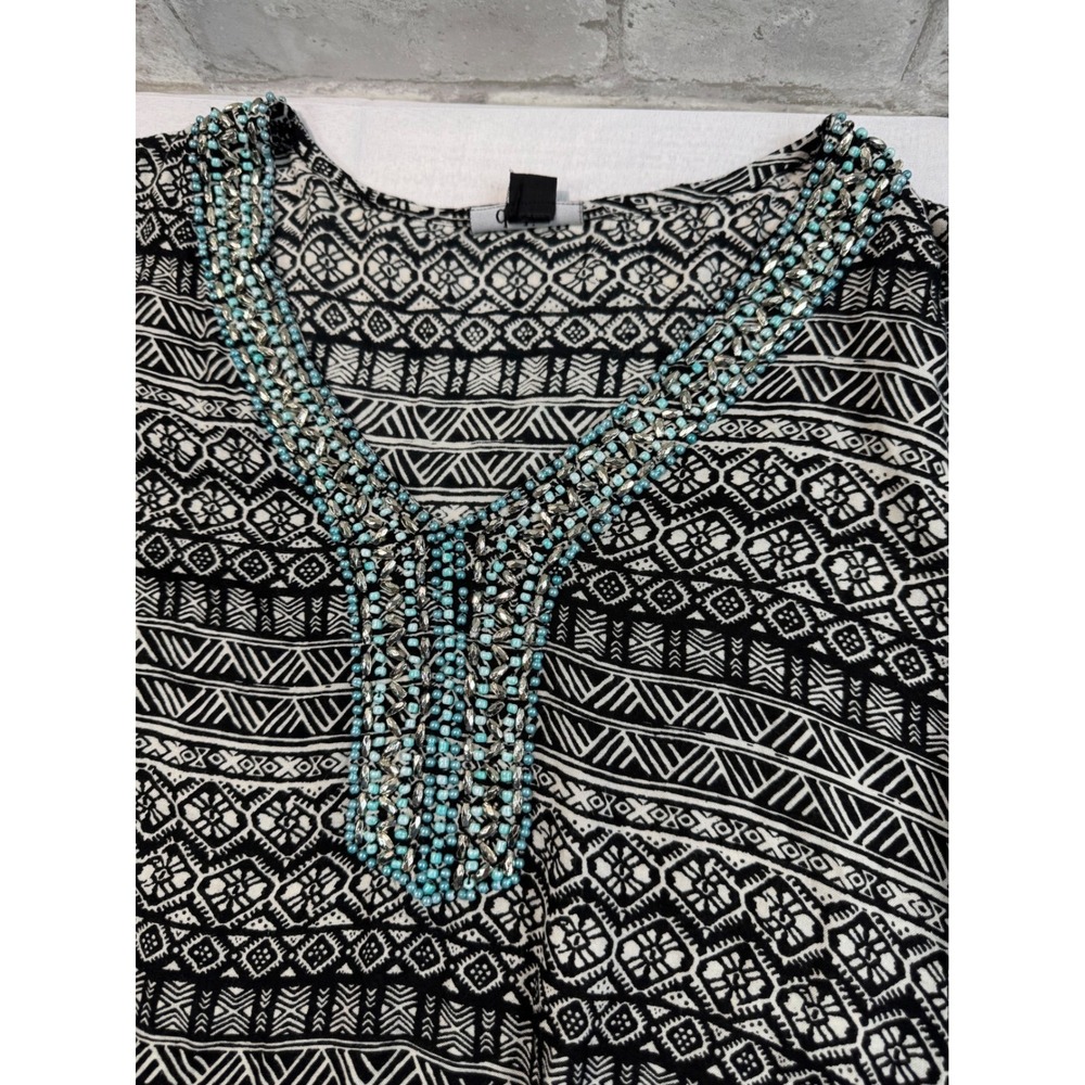 dalin. Tunic Top Black White Print with Turquoise Beaded V-Neckline Size Large - Picture 11 of 13